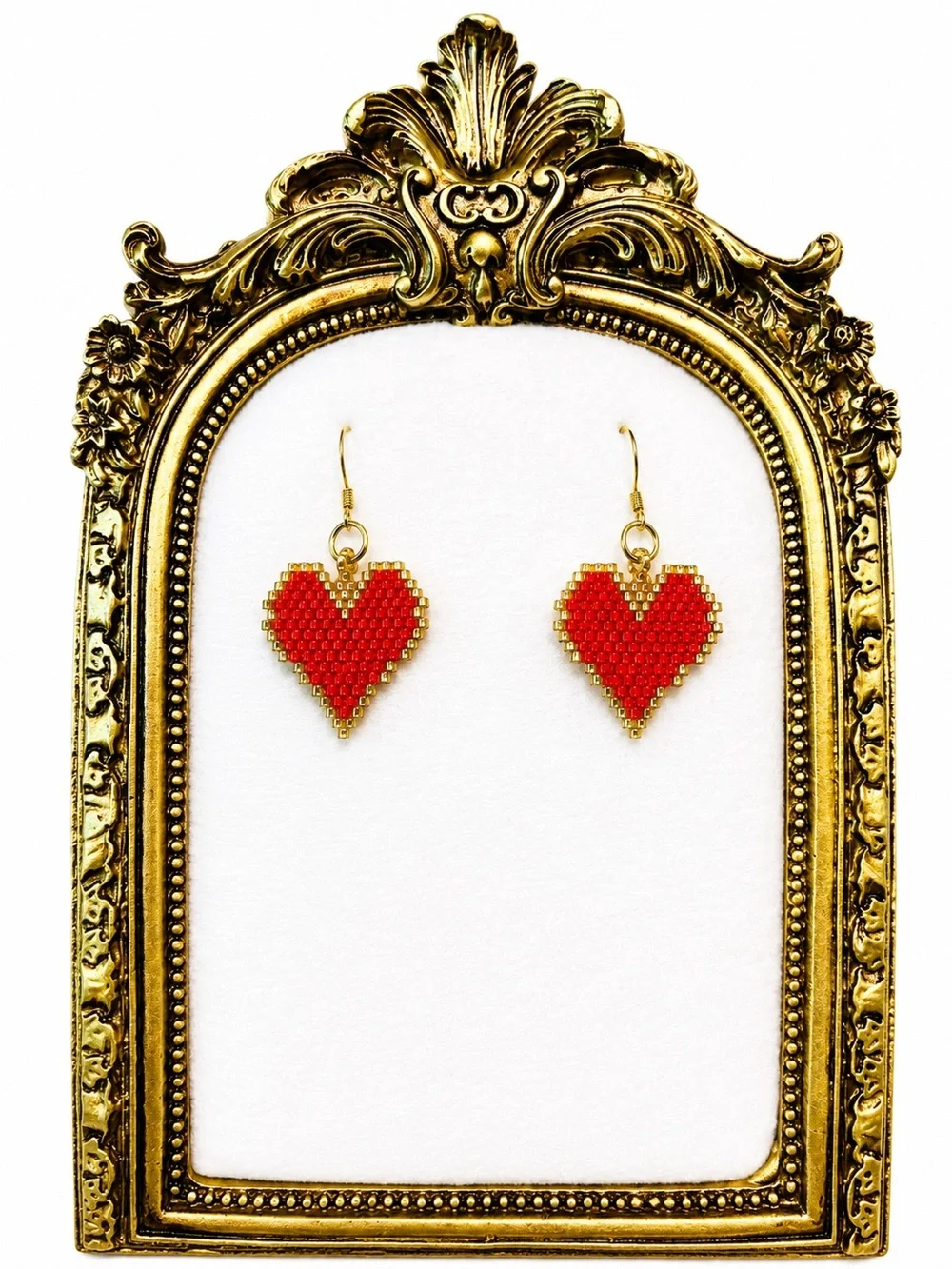 Handmade Red Heart Seed Bead Earrings - Gold Accents